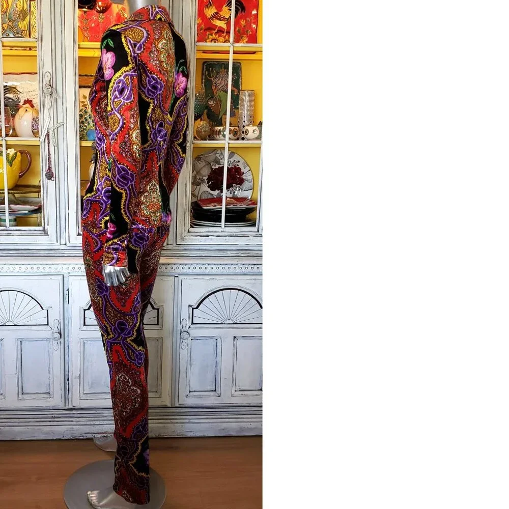Vintage Betsey Johnson Floral Leopard Stretch Velvet Jeans Pants Dress Top Shirt - Picture 5 of 16